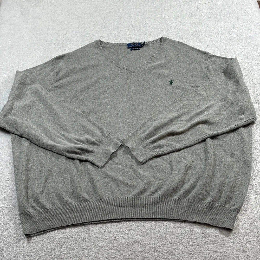Polo Ralph Lauren Mens 4XB Gray Pima Cotton V-Neck Sweater Big & Tall Logo